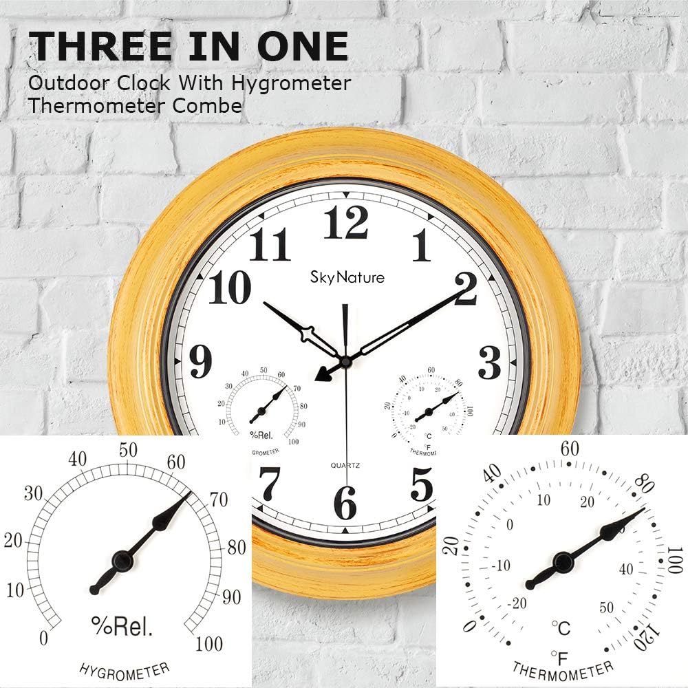 Waterproof Outdoor Clock 18 Inch Large Outdoor Clocks With Thermometer Hygrometer Combo Silent Battery Operated Metal Wall Clock For Living Room Patio Garden Pool Decor Bronze Garden