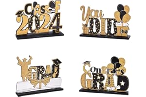 WIKHIA Graduation Party Decorations, 4 Pieces Class of 2024 Grad Congratulate Wooden Centerpieces, Table Toppers for High School College Graduation Party Prom Favor Supplies Photo Booth Props, Black