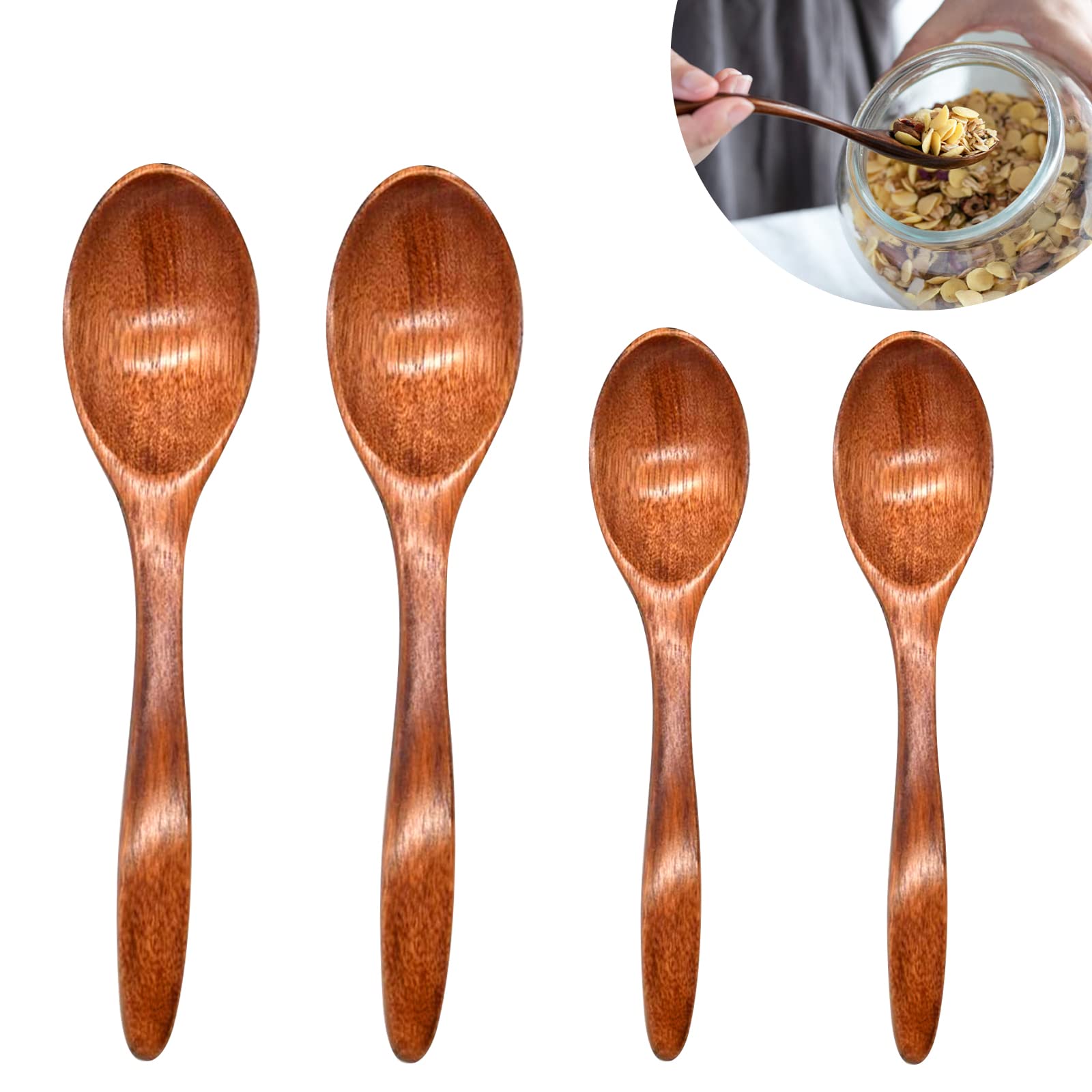 Wooden Spoon Set of 4, Natural Small Wooden Spoons Wooden Teaspoons Coffee Spoon Handmade Wooden Spoon for Tea Coffee Honey Sugar Condiment Soup Rice Mixing Stirring (2 14cm+2 18cm)