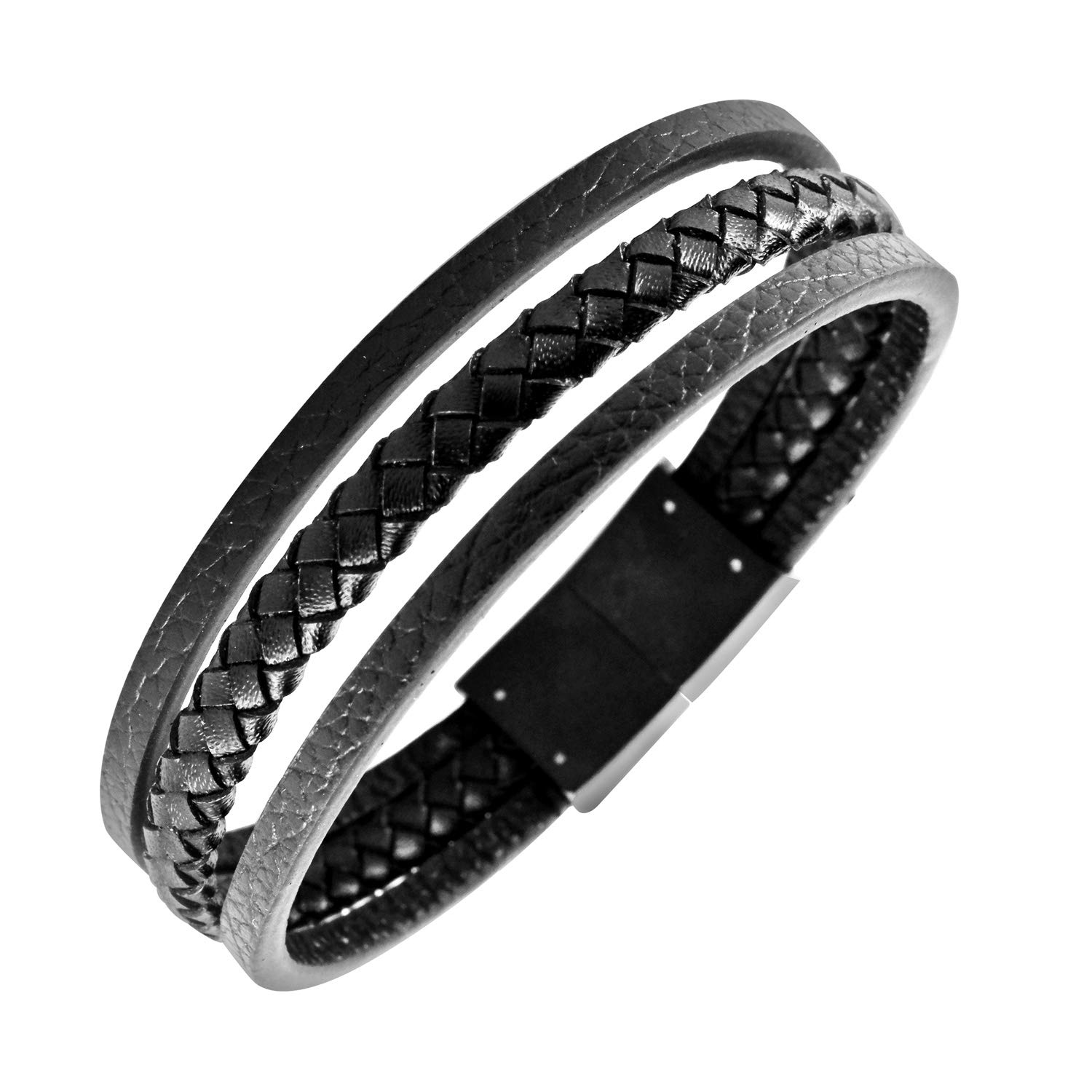 555Jewelry Mens Bracelets Leather and Steel, Magnetic Clasp Braided Multi Layered Black Leather Bracelets for Men, Mens Leather Bracelet, Men Bracelets, Black, 9 Inch