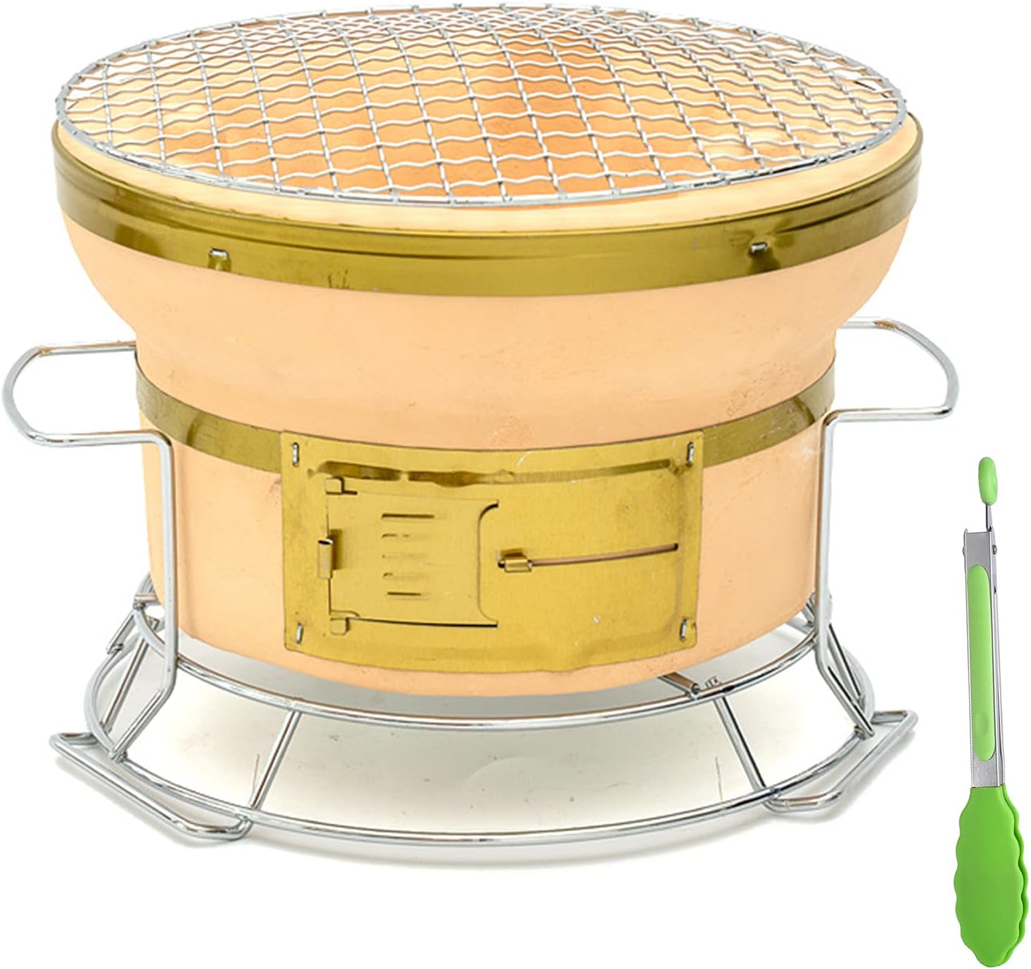 Small Round Hibachi Charcoal Grill, Japanese Ceramic Clay Tabletop Charcoal Stove Portable Yakitori BBQ Cooker with Handles And Food Tongs for Camping Or Home