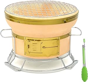 Small Round Hibachi Charcoal Grill, Japanese Ceramic Clay Tabletop Charcoal Stove Portable Yakitori BBQ Cooker with Handles And Food Tongs for Camping Or Home