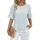 EVALESS Womens T Shirts Cute Ruffle Short Sleeve Crewneck Casual Linen Tops 2026 Summer Fashion Clothes