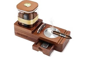 SEMKONT Cigar Humidor and Ashtray Set,Wooden Tray with Acrylic Humidor Jar,Cutter Holder,Drawer,Slot and Cigar Cutter Accessories,Home Gift Sets for Men (Brown-Square)
