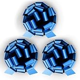 InstaBows 8" Blue Satin Pull String Gift Bows, 3-Pack | Large Bows for Christmas, Birthdays, Baby Showers, Special Occasions &amp; D&eacute;cor