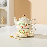 Teapot cup combo,Teapot and Teacup for One,Tea Cup and Saucer Set-Tea Pot Set Gift for Girl Women,strawberry