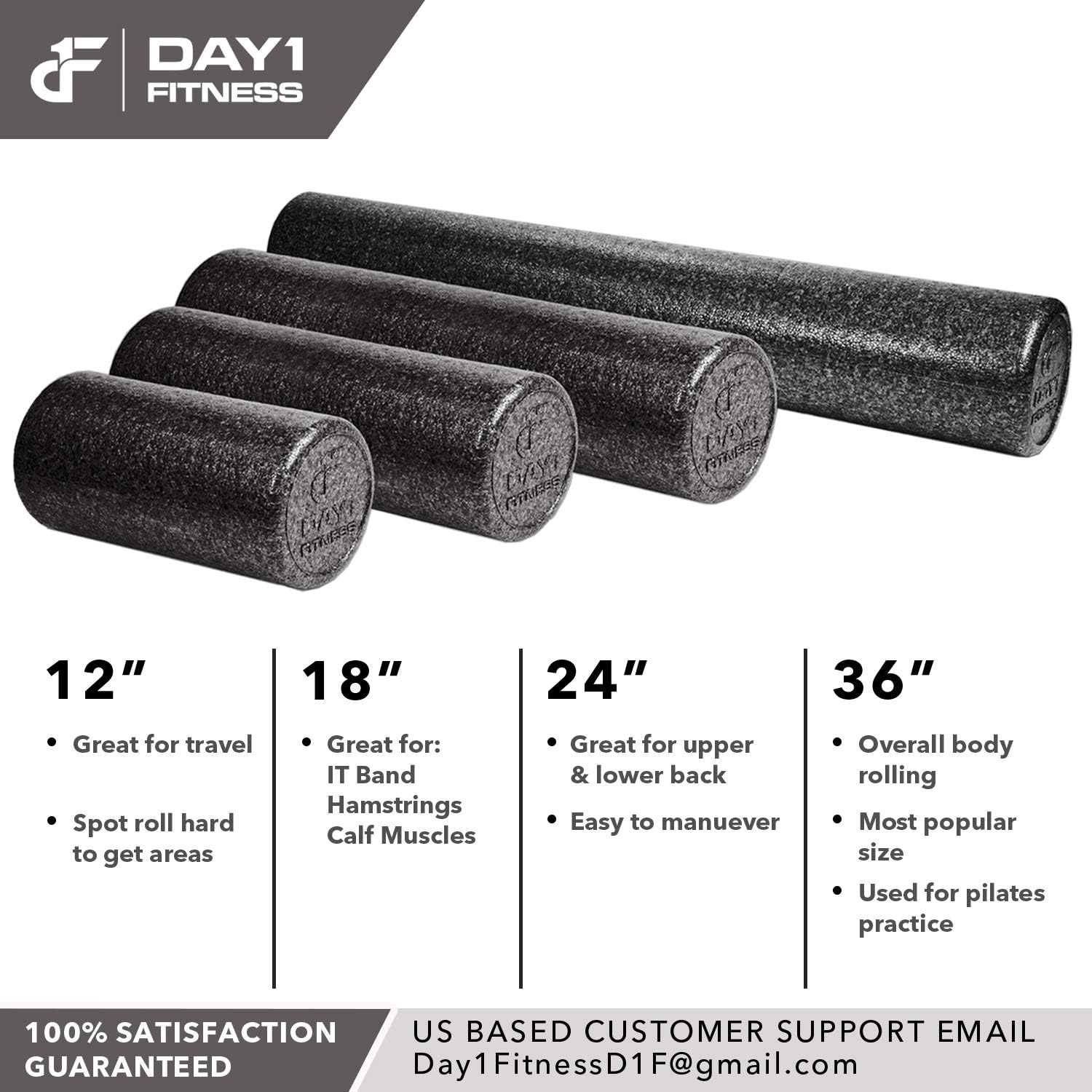 High Density Muscle Foam Rollers by Day 1 Fitness - Sports Massage Rollers for Stretching, Physical Therapy, Deep Tissue and Myofascial Release - Ideal for Exercise and Pain Relief - Black, 36" : Sports & Outdoors