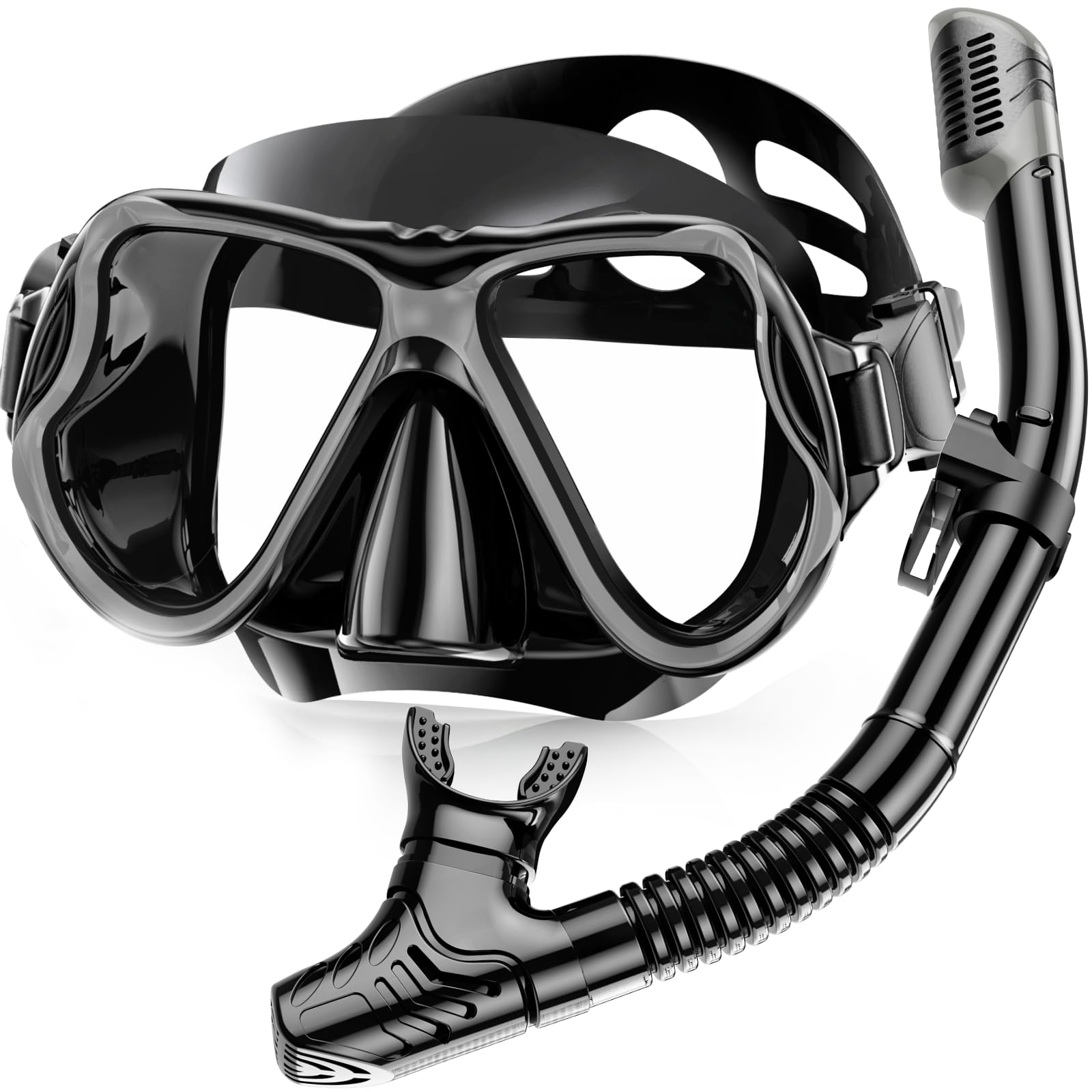 Karvipark Snorkel Set Adults, Anti-Fog Panoramic Wide View Diving Mask, Dry Snorkelling Set for Snorkelling, Diving, Swimming (Black)