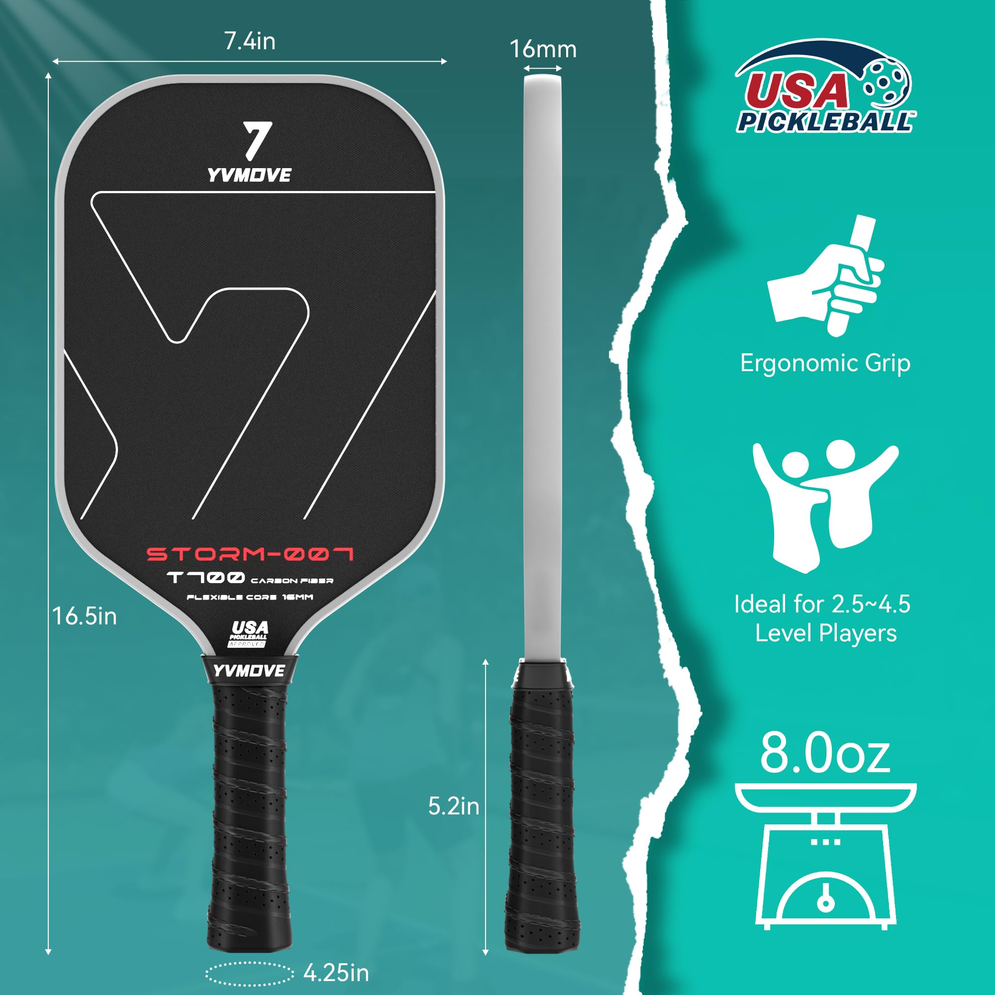Pickleball Paddle with T700 Raw Carbon Fiber Surface & 16mm STR-Core Power Polymer Core, Premium Pickle Ball Racket Designed for Ultimate Spin & Consistency, USAPA Approved Storm 007
