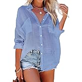 Bsubseach Button Down Swim Cover Up Shirt Sexy Long Sleeve Beach Blouse Bathing Suit Cover Ups for Women