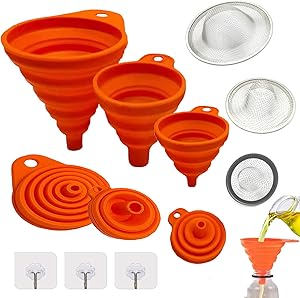 Kitchen Silicone Collapsible Funnel Kit With Strainer Hook Up For filling bottles, Oil, Food, Canning Funnel (9PCS)