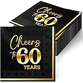 JOYGATHER Cheers to 60 Years - 50PCS Black & Gold Foil Cocktail Napkins, 3-Ply Disposable Paper 5x5 Inches 60th Birthday Napkins Decorations, Wedding, Anniversary, Party Men & Women