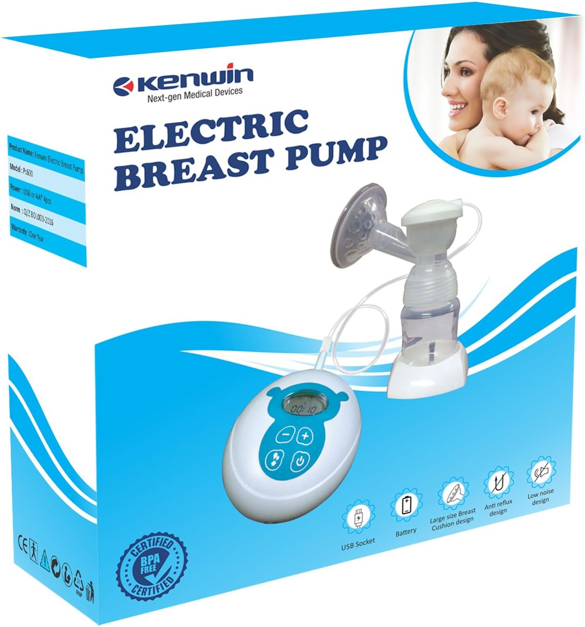 Kenwin Portable Electric Breast Pump with Low Noise, Large LCD Display, White