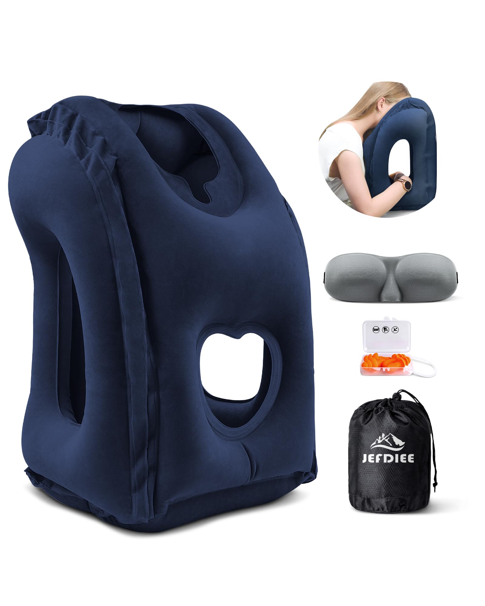 Photo 1 of JefDiee Inflatable Travel Pillow, Airplane Neck Pillow Comfortably Supports Head and Chin for Airplanes, Trains, Cars and Office Napping with 3D Eye Mask, Earplugs and Portable Drawstring Bag (Blue)