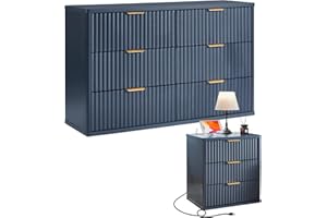 LEYAOYAO Fluted Dresser and Nightstand Sets, Wood 48" Wide Dresser & 23" Night Stand with Charging Station, 2 Piece Bedroom Furniture Set, Chest of Drawers for Bedroom, Home, Living Room,Nave Blue