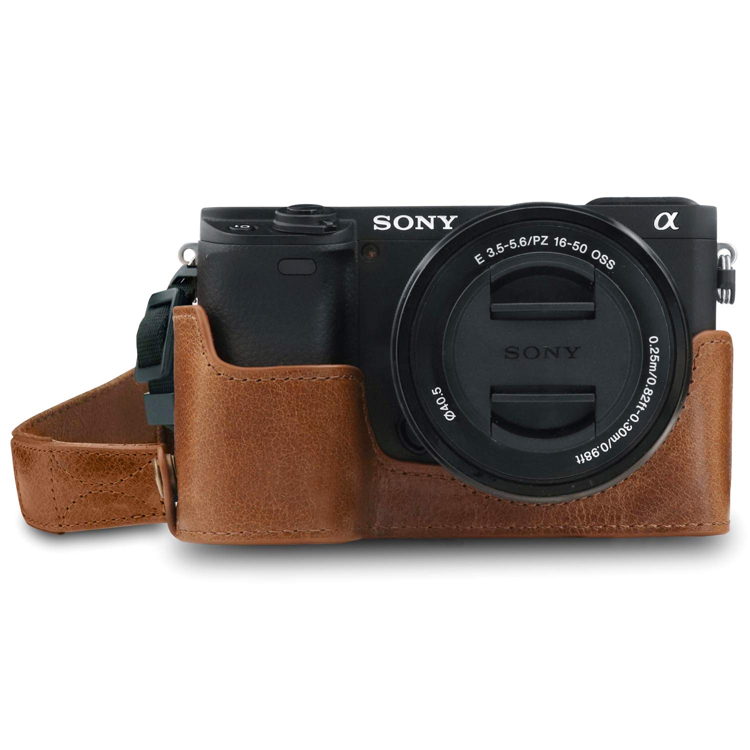 Photo 1 of MegaGear MG1642 Ever Ready Genuine Leather Camera Half Case compatible with Sony Alpha A6100, A6400 - Brown