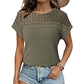Dokotoo Women's Tops Casual Scoop Neck Short Sleeve Waffle Knit Hollow Out Shirts Loose Tunic Tops Blouses