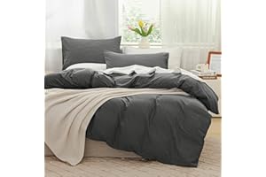 JELLYMONI Gray Duvet Cover King Size - 100% Washed Cotton Linen Like Textured Comforter Cover, 3 Pieces Lightweight Soft Bedding Set with Zipper Closure (Dark Gray, King 104"x90")