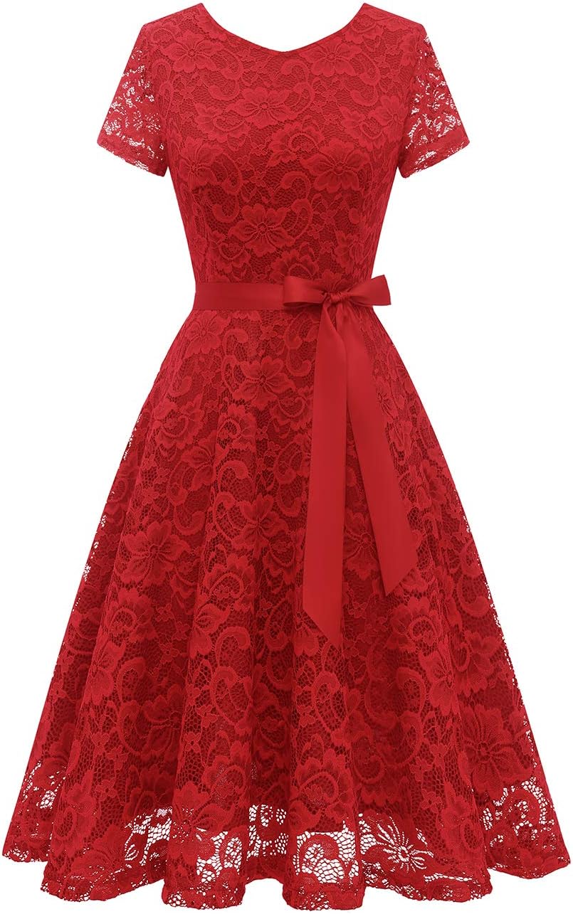 Women's Floral Lace Short Sleeve Lace Dress for Cocktail Party Wedding Bride Bridesmaid