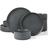 Richmount Star Dinnerware Sets, Plates and Bowls Set for 4, 12 Piece Dish Set, Ribbed, Matte Dark Charcoal