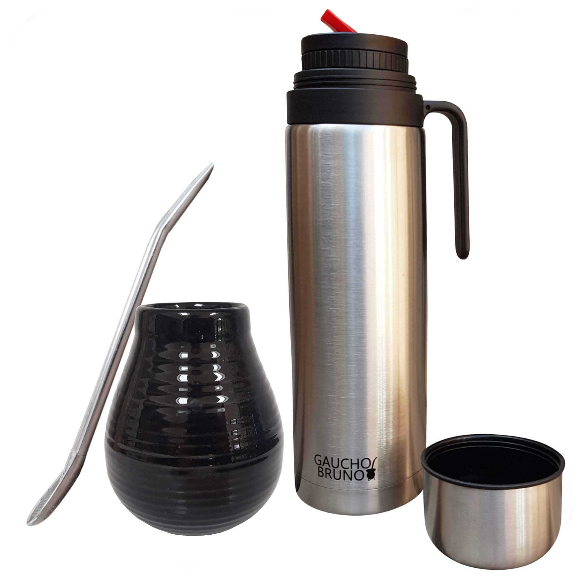 Gaucho Bruno Yerba Mate Cup, Straw, Flask Set - Ceramic Gourd Mug, Stainless Steel Bombilla Drinking Straws and 1 Litre Flask with Red Pouring Spout - Reusable Home and Travel Drinks Kit - Black
