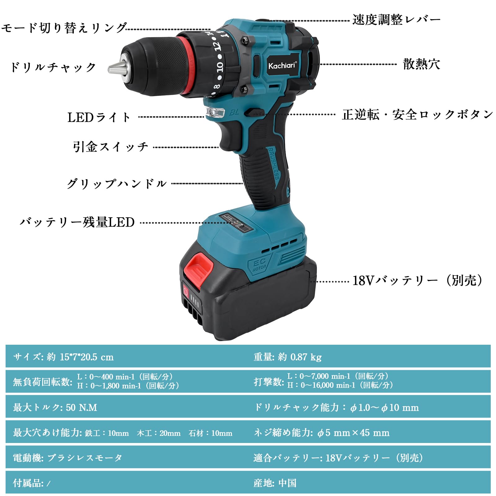 Kachiari Vibration Driver Drill, Plusless Motor, 2-Speed Switching, Lightweight, LED Lighting Function, Forward and Reverse Switching, Safety Lock, For DIY, Compatible with Makita 18V Batteries,
