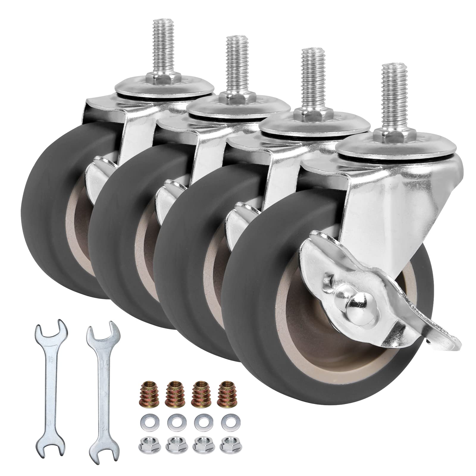 Photo 1 of BAISASY 3 Inch Caster Wheels, Threaded Stem Casters Set of 4, Heavy Duty Wheel with Brake, Metric Size M8-1.25-25 (Screw Diameter 8mm, Screw Length 25mm) Casters for Wire Shelving, Furniture Dolly