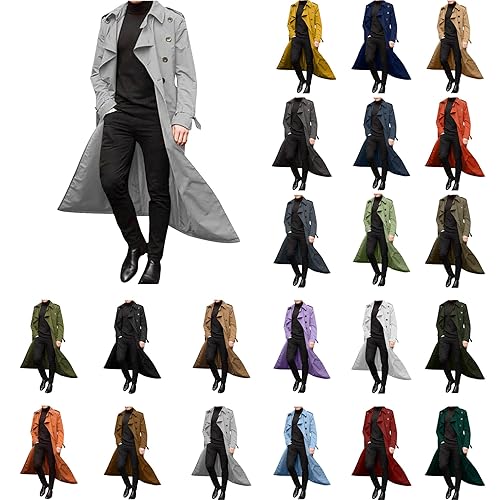 Men Trench Coat,Solid Color Long Sleeve Lapel Double-breasted Wool Parkas Coats Office Work Business Casual Long Jacket,Mens Autumn Winter Windproof Thermal Jackets with Pockets Outwear S-XXL