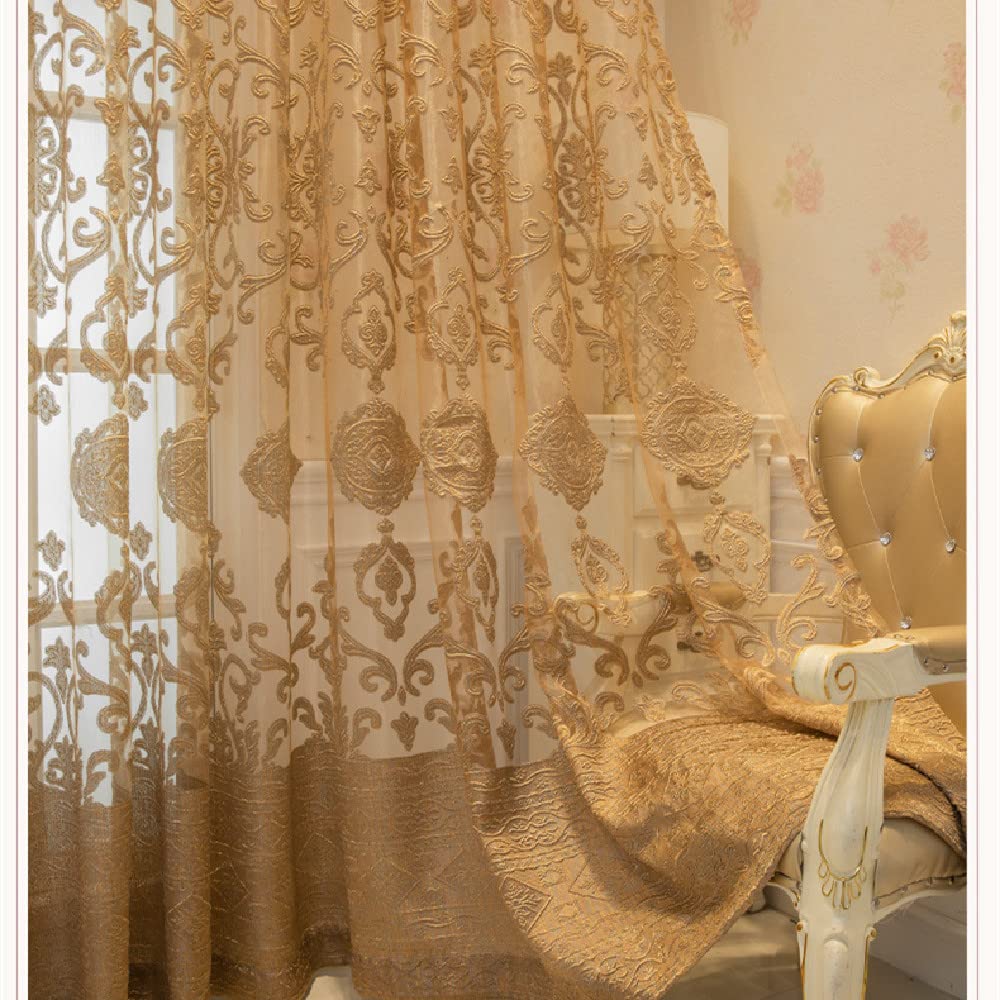 Amidoudou 1 Pair Luxury European Sheer Curtains Hollow Embroidered Tulle Curtains for Bedroom Living Room (Gold,66 x 84 Inch)