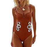 seamoly One Piece Swimsuit Women Slimming Floral Cut Out Color Block Bathing Suit Ruched Cheeky 1 Piece Swimwear Brown XS