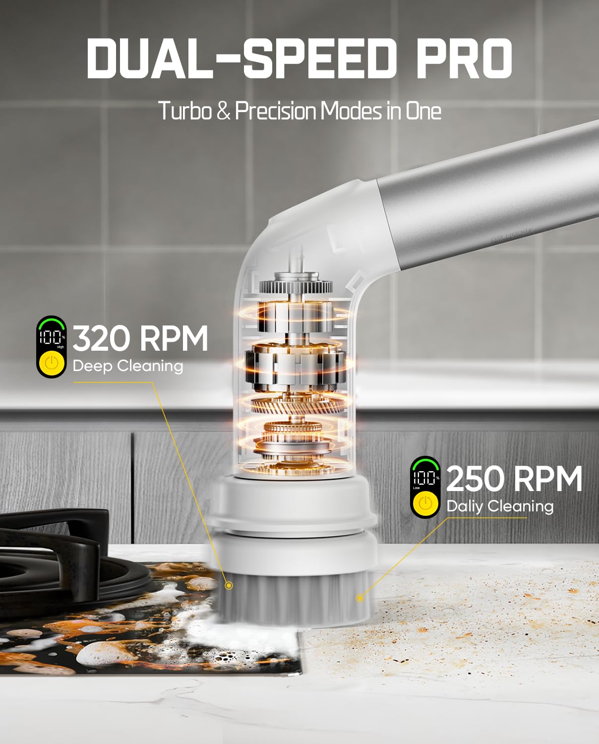 Fanttik G9 Handy Cordless Electric Spin Scrubber, MagnaStorm Motor, Dual-Speed, 5 Brush Heads, LED Display, IPX7 Waterproof, 2500mAh with Type-C Charging, for Kitchen, Sink, Tile, Stove- White