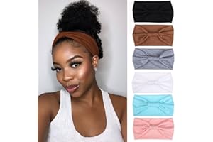 XTREND 6 Pack Fashion Wide Headbands Bohemian Style Elastic Knotted Non-Slip Headbands for Black Women Outdoor Yoga Exercise Solid Color Accessories（(Black, Coffee, Grey, White, Light Blue, Pink)