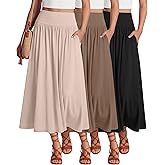 Ficerd 3 Pack Maxi Long Skirts for Women, Ankle Length High Waisted Pleated Flowy a Line Summer Casual Skirts with Pockets
