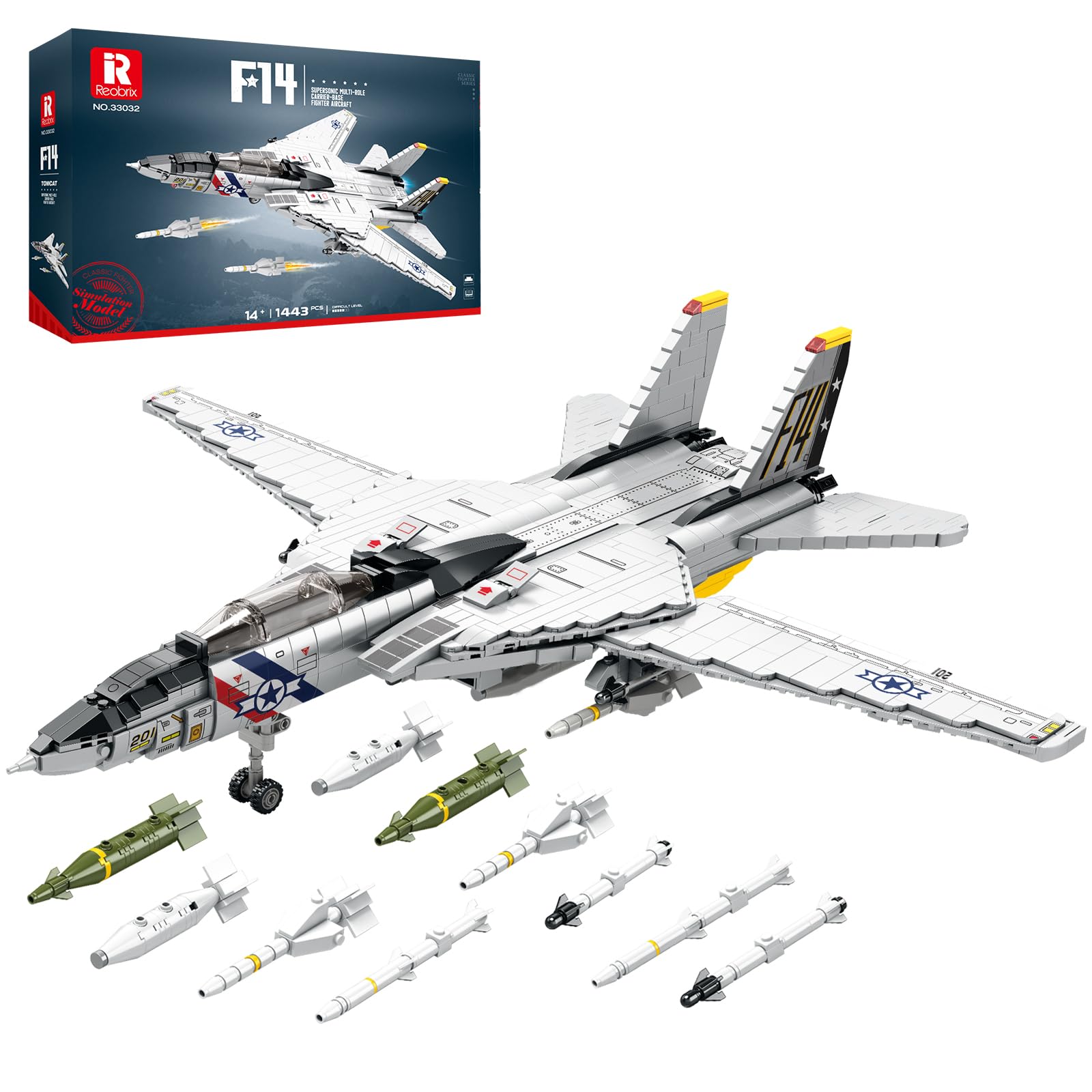 Reobrix F-14 Fighter Building Toy Set, Military Tomcat Fighter Jet Plane Model for Adults, 33032 Airplane Aircraft Hobby Fan Collection Decor Gifts for Men Kids Boy 14+ (1600 Pcs)