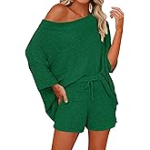 Mafulus Women's 2 Piece Outfits Sweater Sets Off Shoulder Knit Top Shorts Matching Suits Cute Pajama Lounge Set