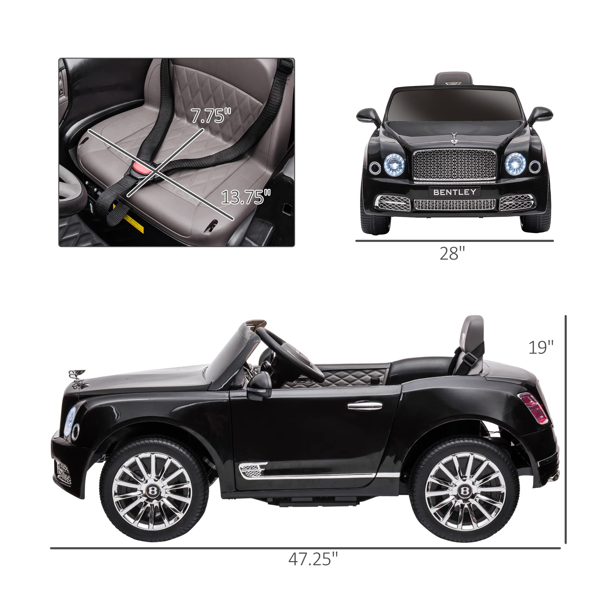 Aosom Bentley Mulsanne 12V Ride on Car, Battery Powered Car with Remote Control, Suspension, Startup Sound, LED Lights, MP3, Horn, Music, Forward and Backward, 2 Motors, Black