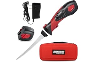 Mershca Cordless Electric Fillet Knife, with 8in Fully Serrated S.S. Coated Non-Stick Reciprocating Blades & Cooling Hole Non-Slip Grip Handle & Practical handbag, Rechargeable Electric Knife for