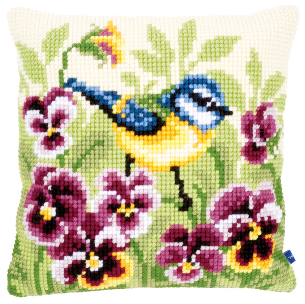Vervaco Blue Tit on Pansies Cross Stitch Cushion, Multi-Colour