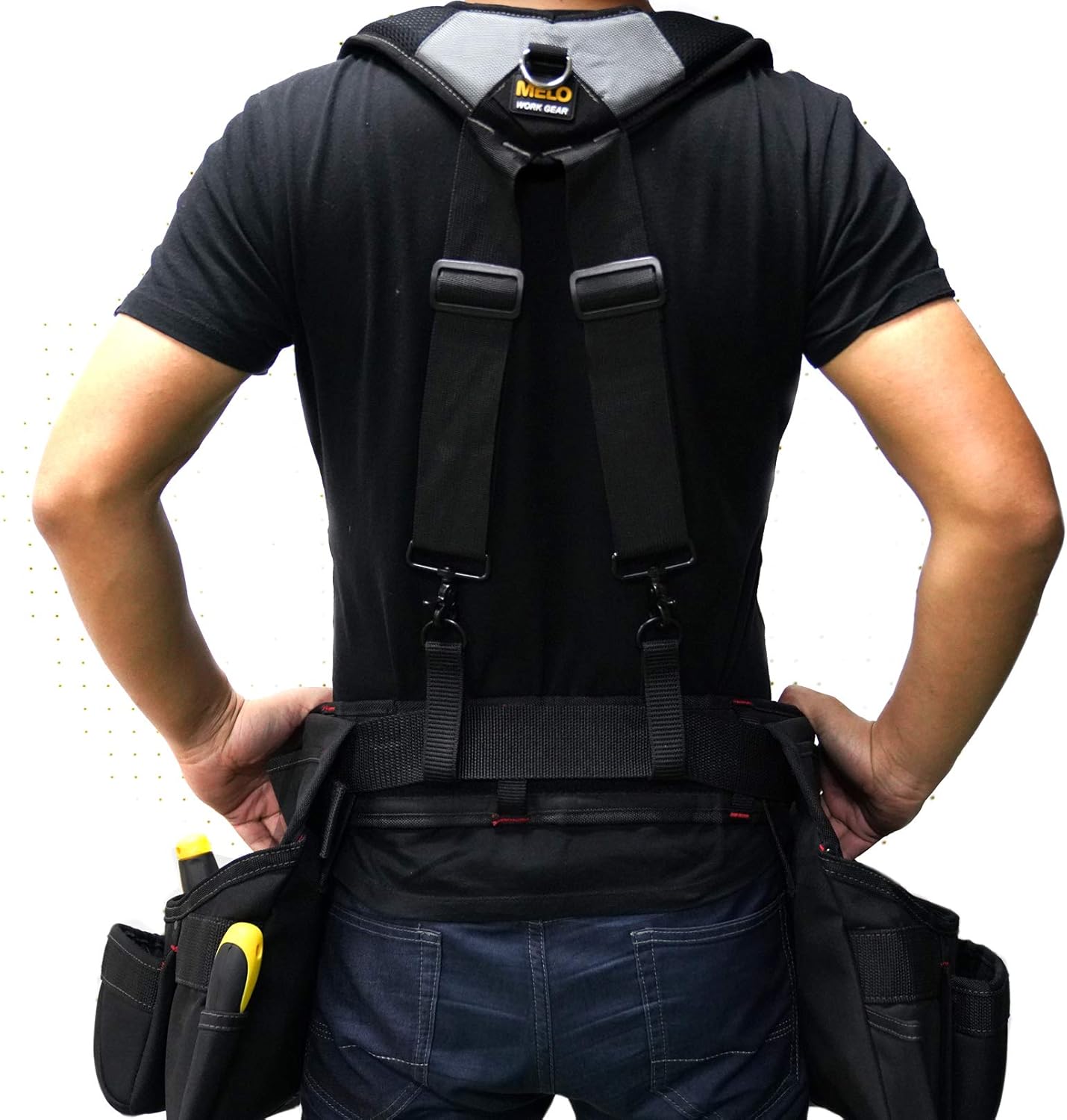 Melo Tough Magnetic Suspenders Tool Belt Suspenders with Large Moveable Phone Holder, Pencil Holder, Adjustable Size Padded Suspenders (Grey): Clothing