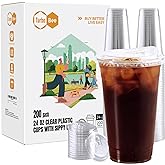 Turbo Bee 24 OZ 200 Sets Clear Plastic Cups with Strawless Sip Lids, To Go Crystal Clear Disposable Plastic Cups with Lids for Iced Coffee, Smoothies, Soda, Lemonade, Cold Beverage