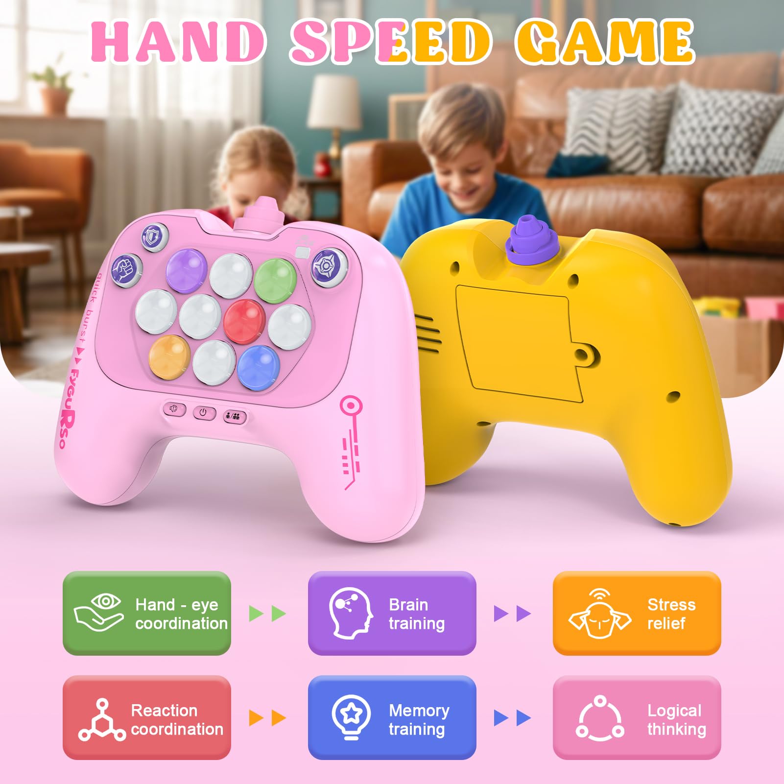 fygurso Handheld Speed Pushing Game Machine with Balloons 2-Player Fidget Game Light Up Quick Push Games Fast Push Puzzle Games Console for 8 9 10 11 12+ Years Old Kids Adults-Pink+Yellow