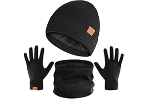 Winter Beanie Hat Scarf Gloves Set for Men Women, Warm Knitted Hat Fleece Lined Circle Neck Warmer Touchscreen Gloves (Black)