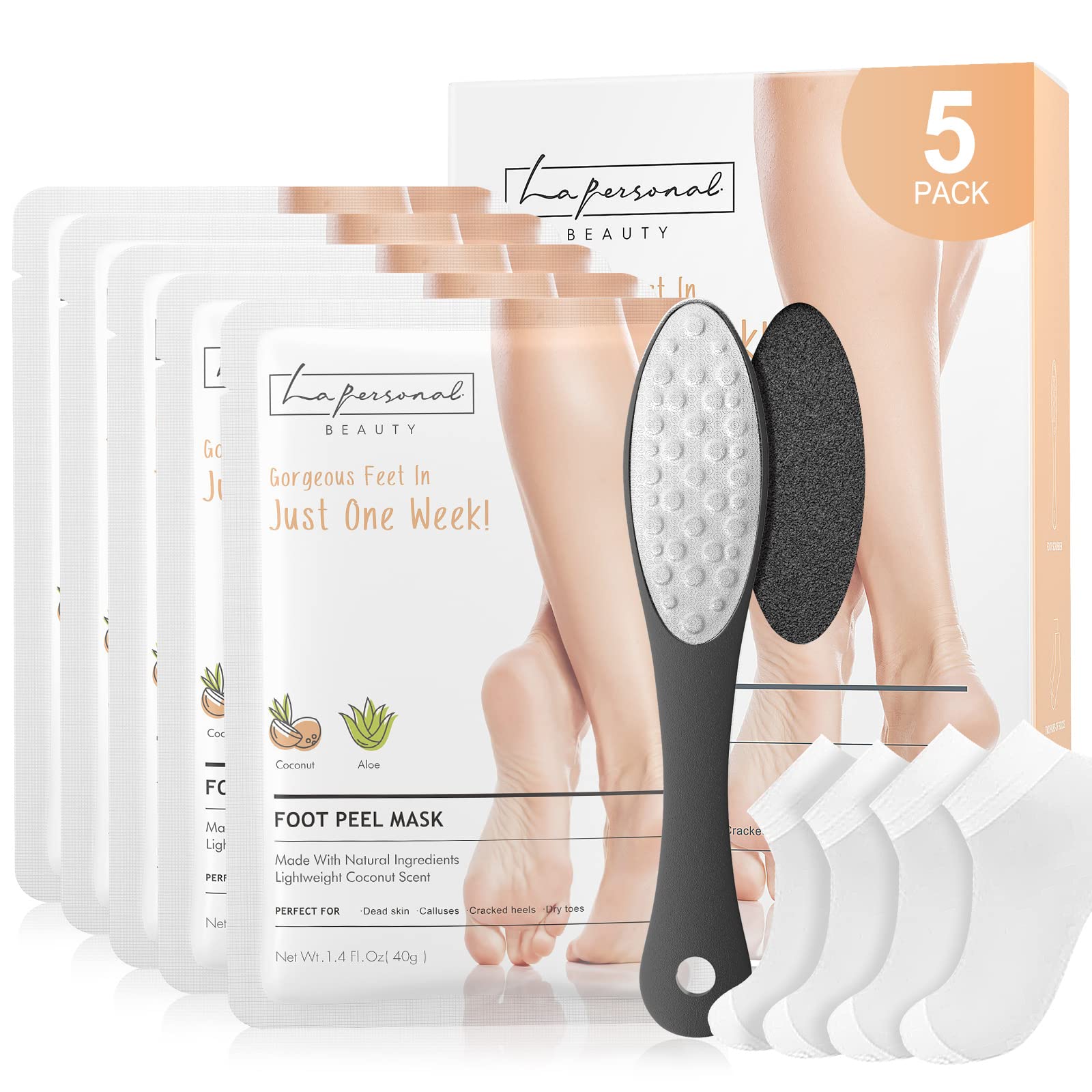 Foot Peel Mask 5 Pack, LA.PERSONAL Feet Exfoliating Mask, Soft Foot, Moisturizing Socks for Callus, Repairing Cracked Heel, Dead & Dry Skin, Nourishing Footmask with Feet Scrubber & 2 Pair Socks