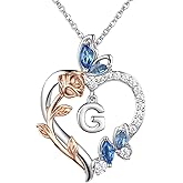 Silver Letter Necklace- Sterling Silver Initial Necklaces for Women- Adjustable Chain with Rose Heart pendant, Ideal Jewelry gift for her, Girlfriend, Wife, Mom on Birthday, Anniversary