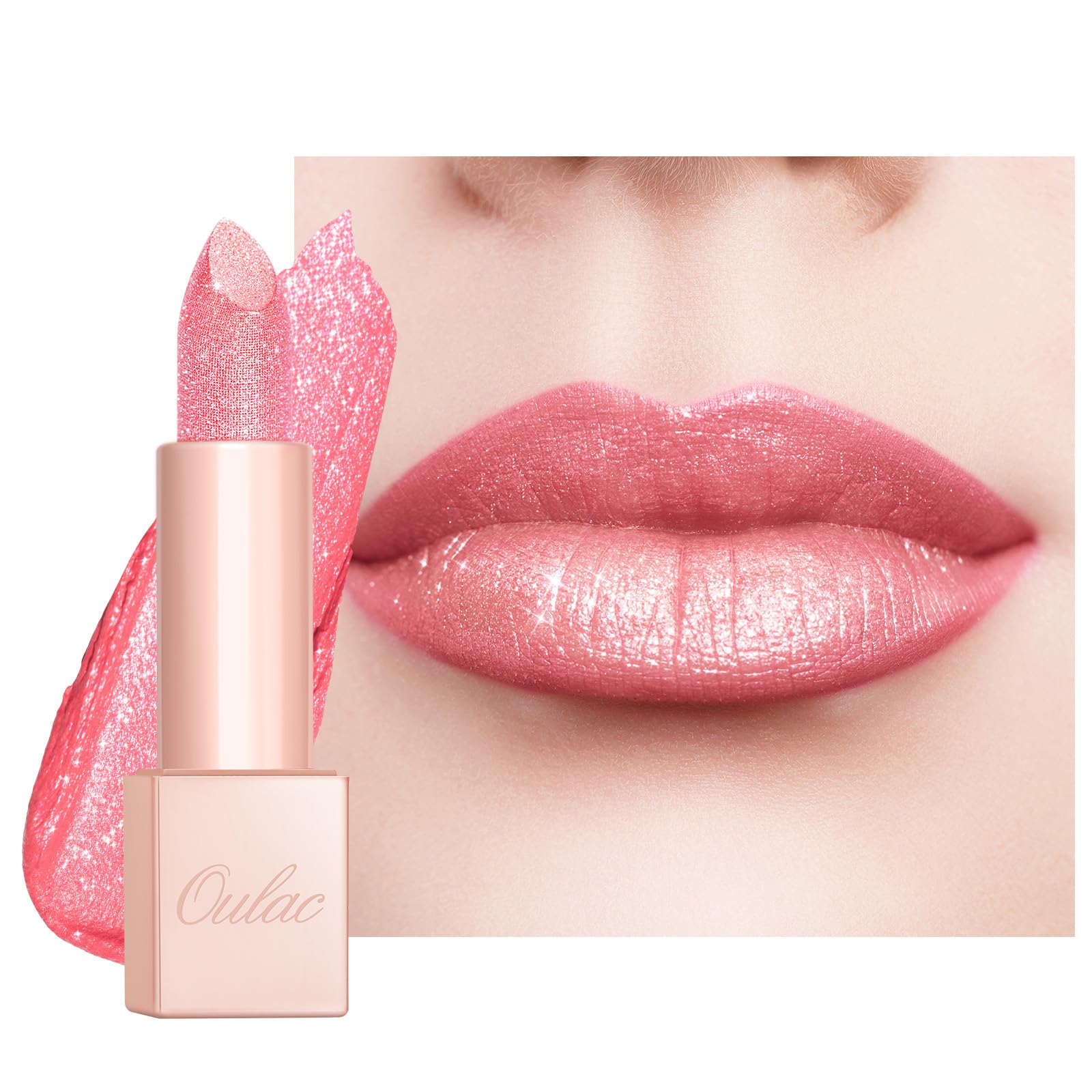 Oulac Infinity Moisture Lipstick - Light Pink Glitter Lip Stick, Diamond Shimmer & High Shine, Long-Lasting Lip Gloss, Full Coverage, Vegan & Clean Beauty Formula, 4.5g (D08) Pop Stars — image 1