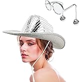 JIANGLAI Disco Western Cowboy Hat with Disco Ball Sunglasses, Sequin Mirrored Cowgirl Hat for Women Men Costume Cosplay Party
