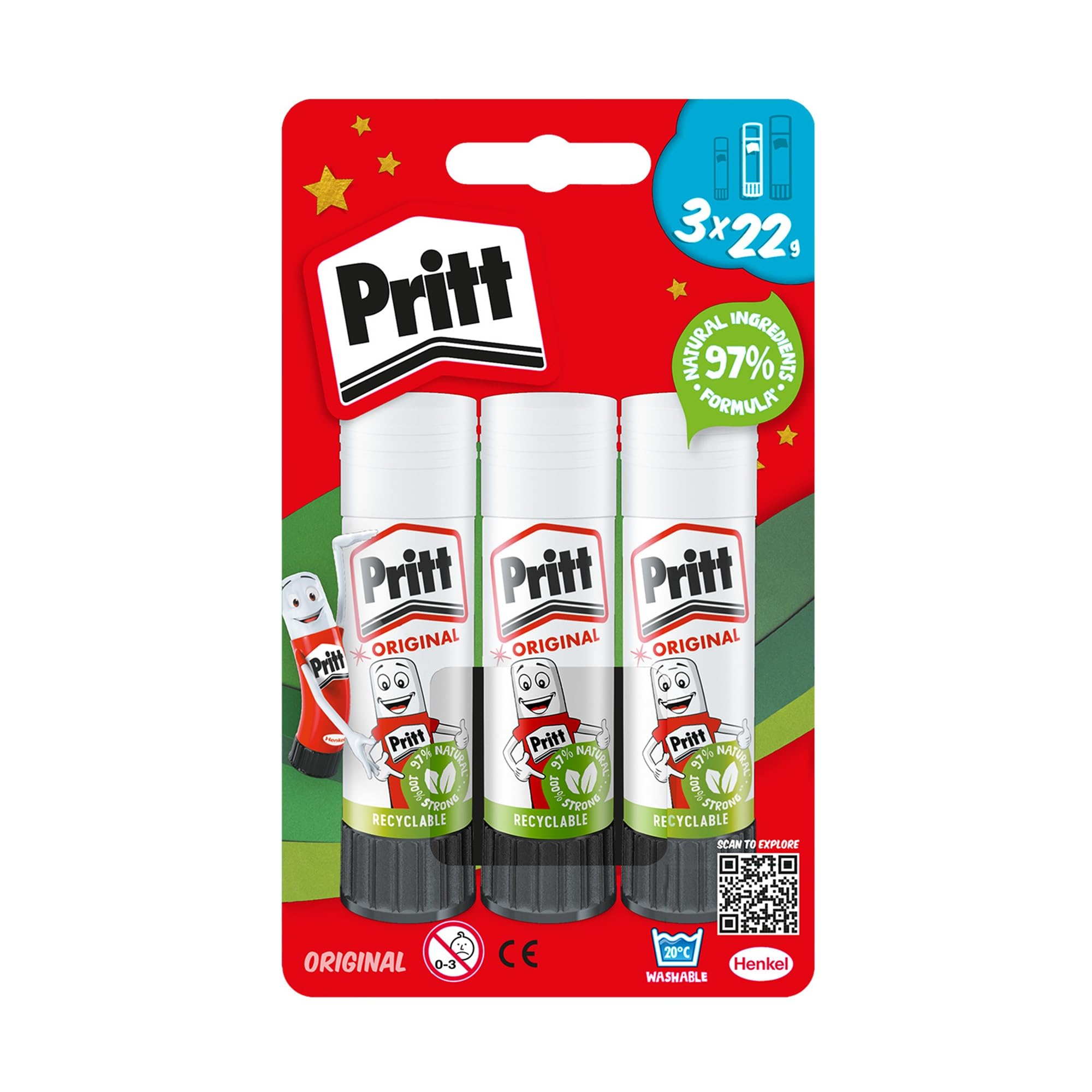 Pritt Glue Stick, Safe & Child-Friendly Craft Glue for Arts & Crafts Activities, Strong-Hold adhesive for School & Office Supplies, 22 g (Pack of 3)