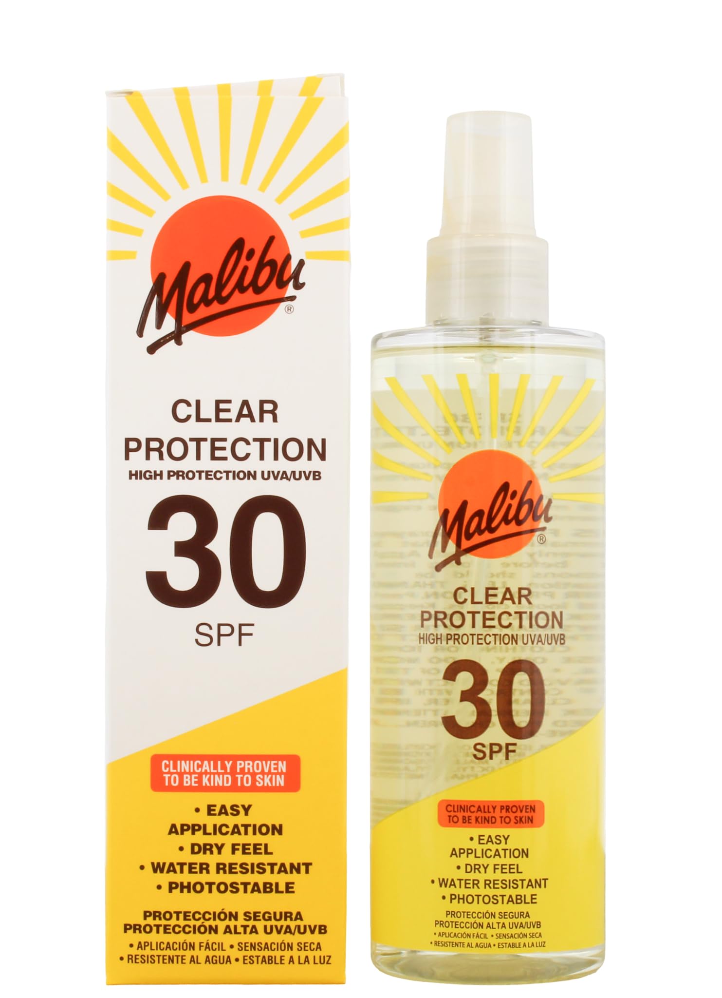 Malibu Sun SPF 50 Clear Spray Sunscreen, High Protection, Dry Feel, Water Resistant, 250ml