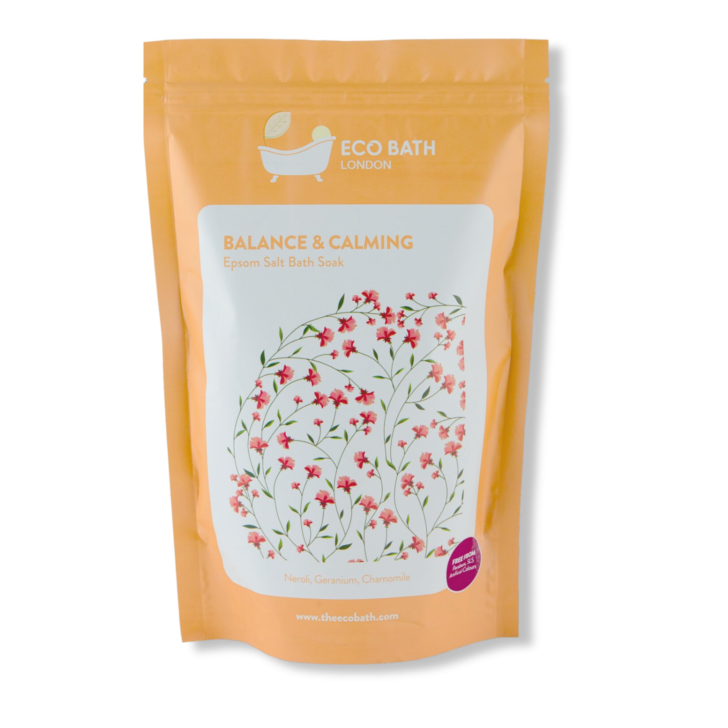 Eco Bath London Balance and Calming Epsom Salt Bath Soak - Pouch 1kg, Magnesium Bath Salt Infused with Neroli, Geranium, and Chamomile, Natural Epsom Salts for Bath
