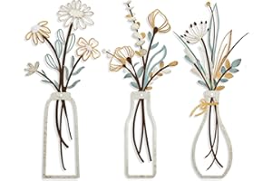 3 Pieces Metal Flowers Wall Arts, Rustic Farmhouse Decor Beige Minimalist Flower Wall Decors for Living Room Bathroom Bedroom